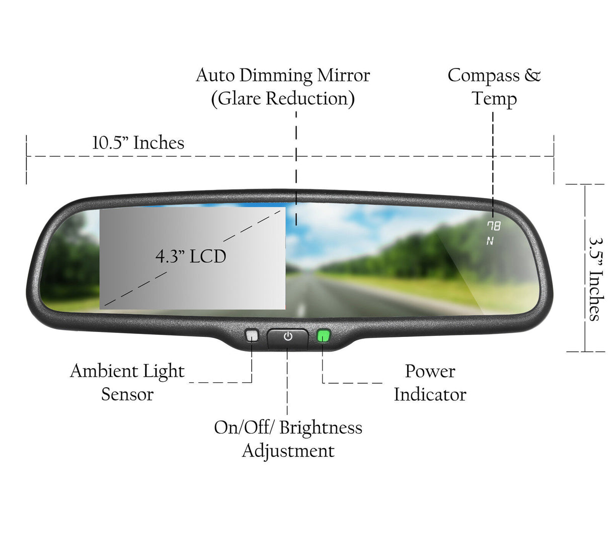 Master Tailgaters 10.5 OEM Rear View Mirror with 4.3 LCD Screen |  Rearview Universal Fit Mount | Auto Adjusting Brightness LCD | Anti Glare |  Full